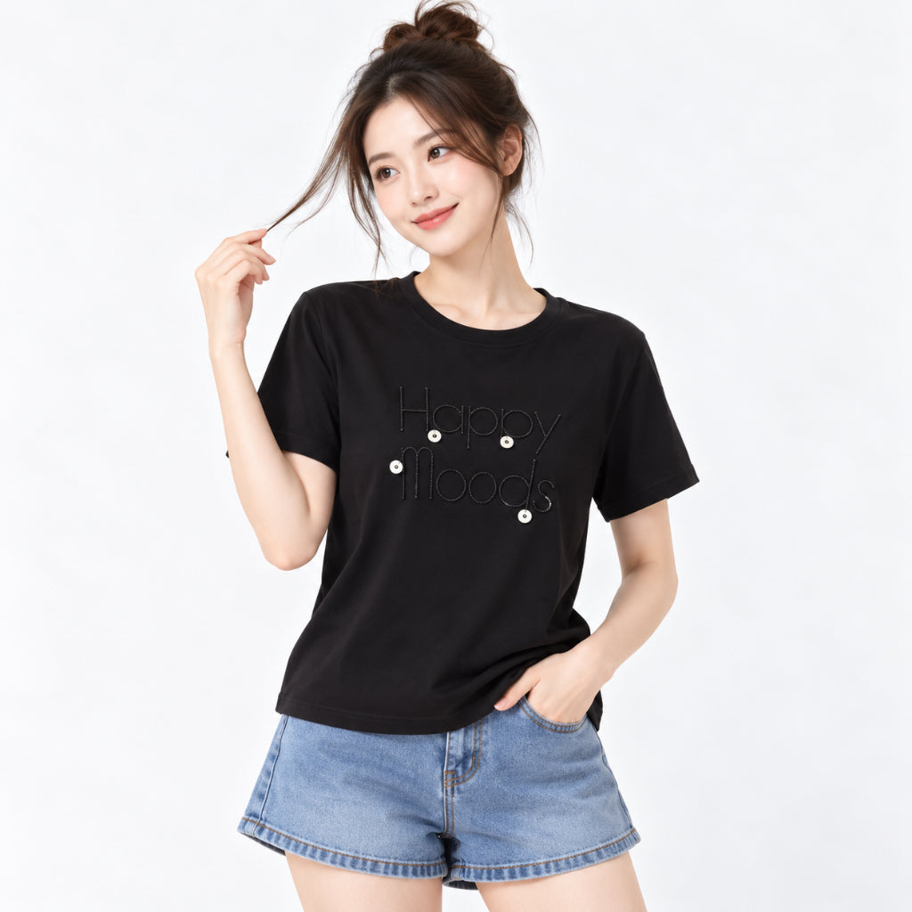 YFS Women Happy Moods Embellished Graphic Tee