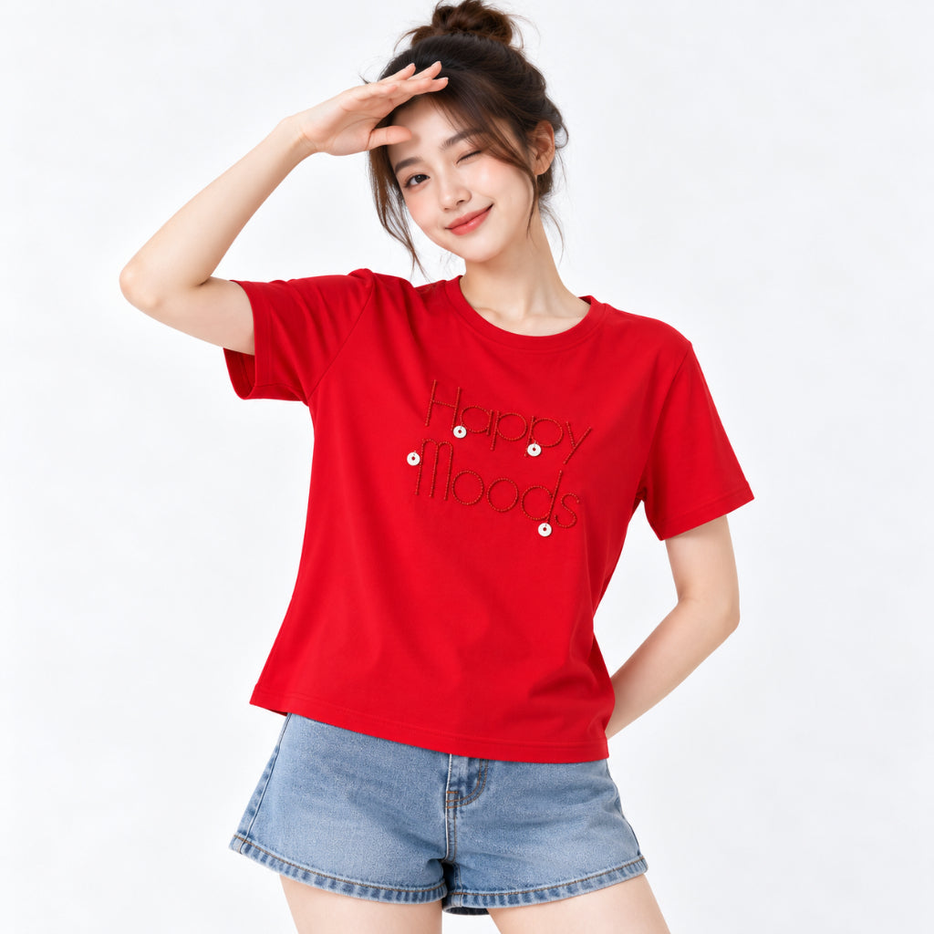 YFS Women Happy Moods Embellished Graphic Tee