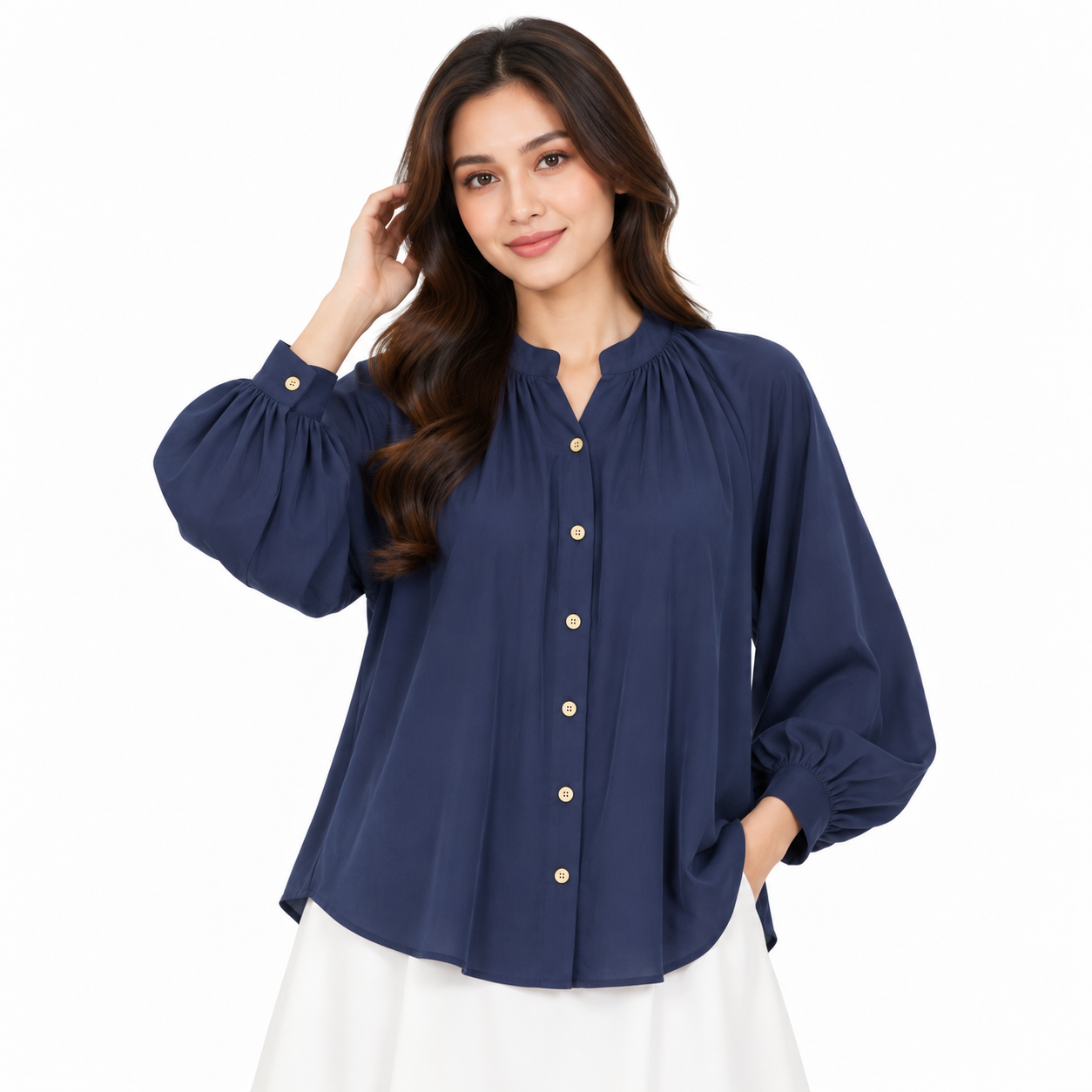 PISCO Women Gathered Neck Long Sleeve Shirt