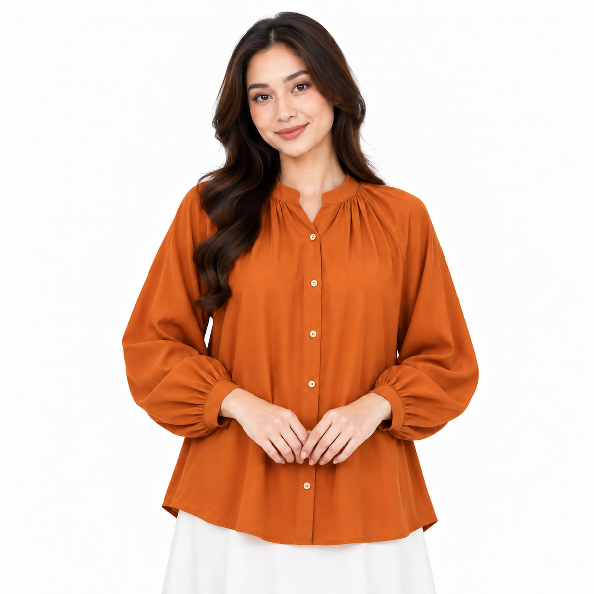 PISCO Women Gathered Neck Long Sleeve Shirt