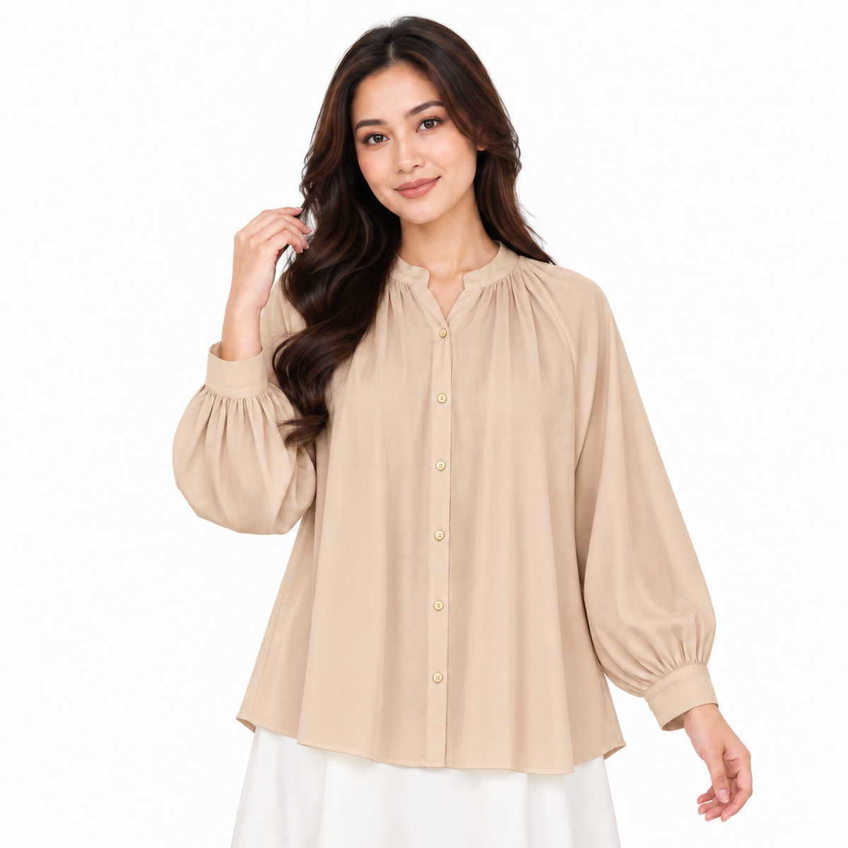 PISCO Women Gathered Neck Long Sleeve Shirt