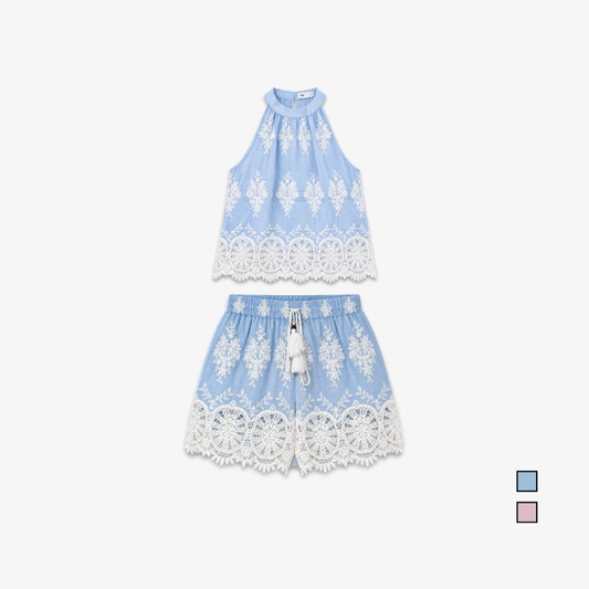 YFS Women Embroidered Halter Top & Shorts Set